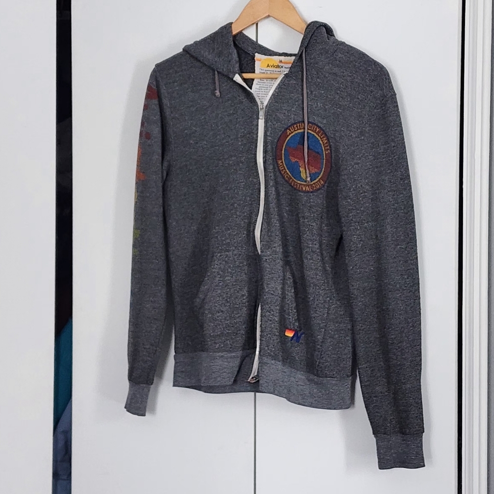 Aviator Nation Gray Zip Hoodie with Multi-Color Patch